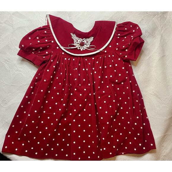 Adorable Vintage Jo Lene Red Velvet Puff Sleeve Kids Dress Made in USA Sz 4T